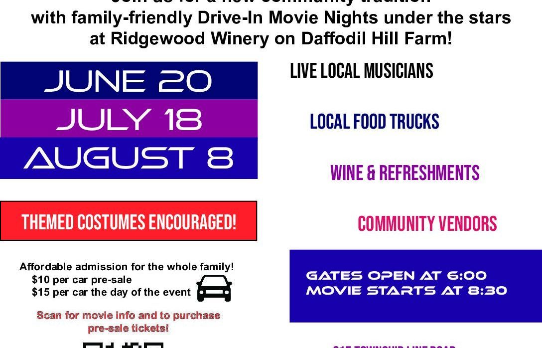 POP UP MOVIE NIGHTS starting at 8:30pm (pregame at 6:30) @Ridgewood Winery Bechtelsville 6.20.2026